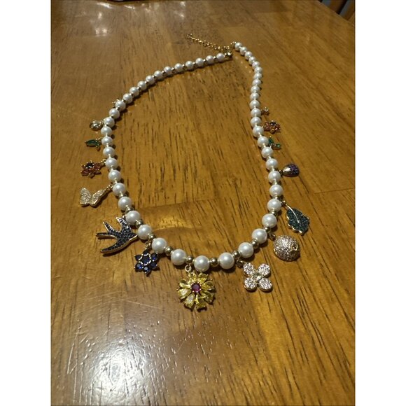 Necklace Gold Zirconia Loaded with Chunky Charms Bird Flower Leaf Beads, Pearls - Picture 7 of 9